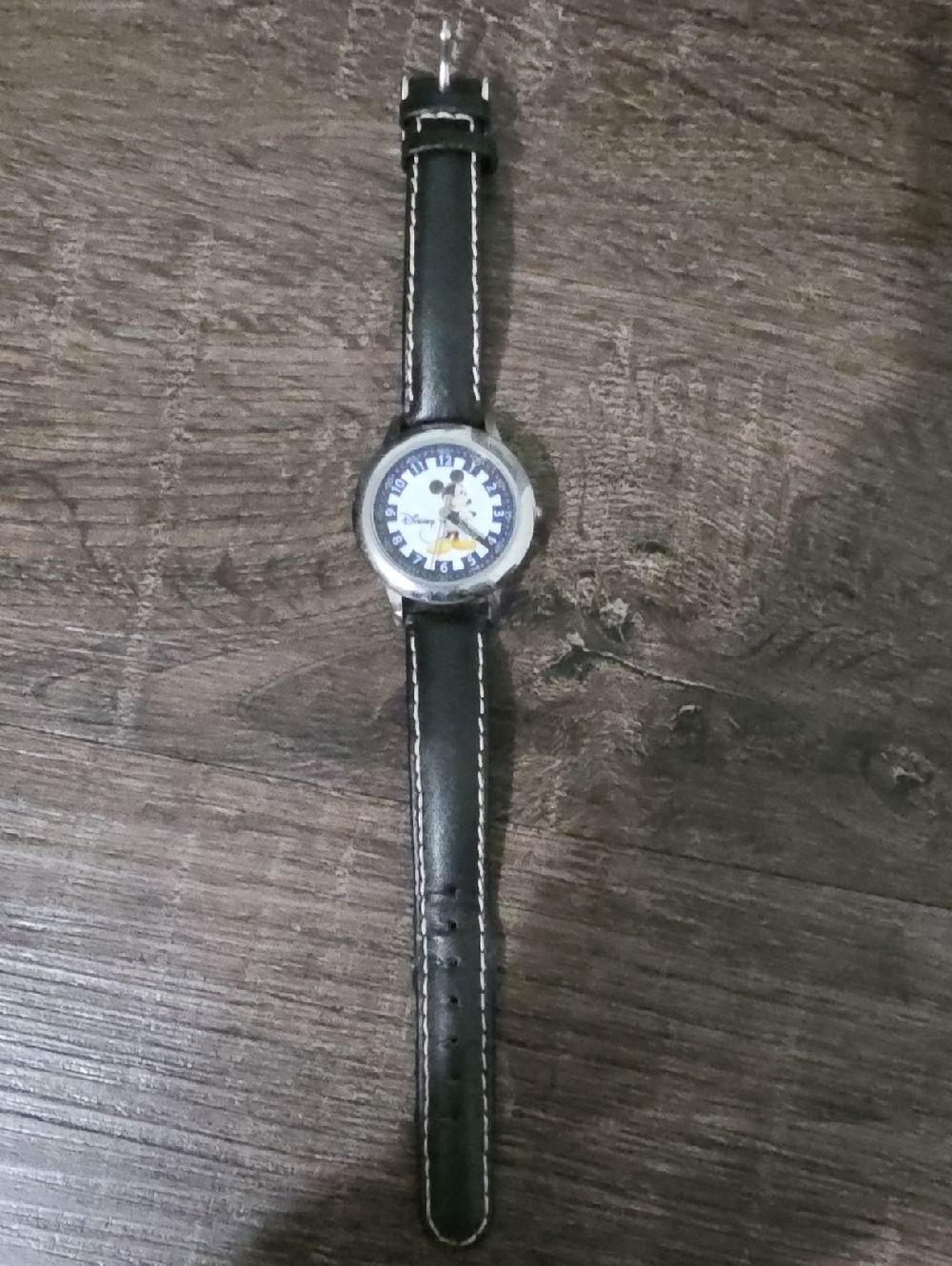 Disney Black Leather Strap Mickey Mouse Watch with Blue Accents